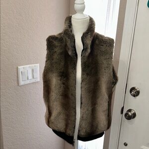 Cold water Creek Faux Fur Vest in Brown and Tan with Faux Leather Trim